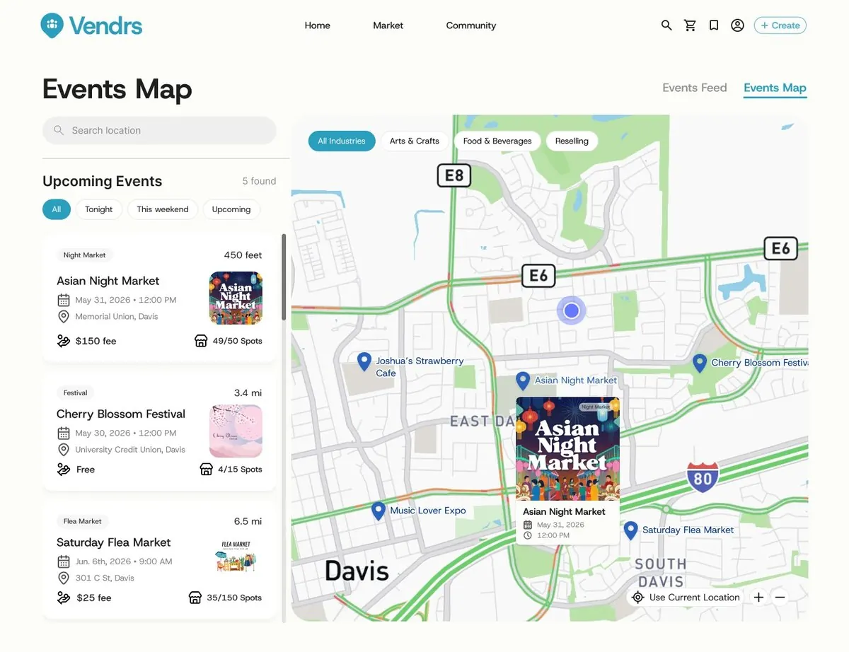 Vendrs case study cover: the Events Map, a list of nearby events beside a map with pins
