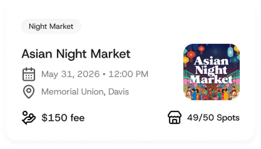 After: the same event card with a $150 fee and 49 of 50 spots added