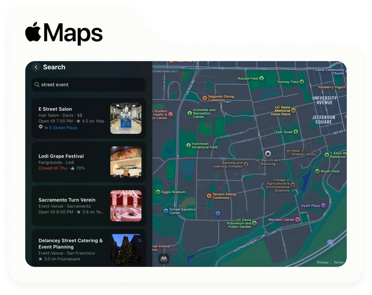 Apple Maps: a search results list beside a dark-mode map