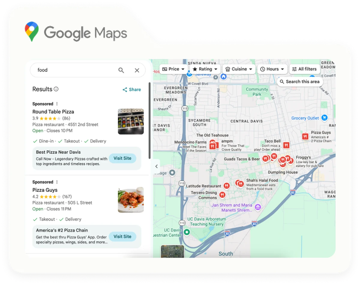 Google Maps: a search results list beside a map with pins for nearby places