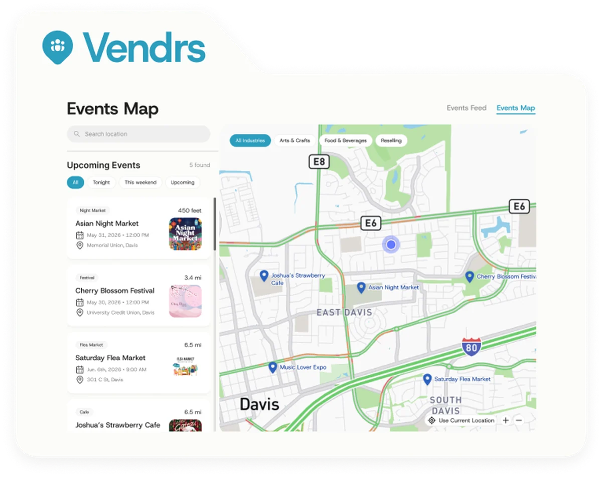 The Vendrs Events Map, built on the same search-and-pin patterns