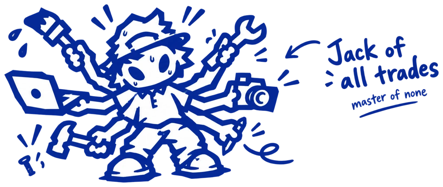 Doodle of the mascot with six arms holding a paintbrush, wrench, laptop, camera, hammer and pencil, labeled jack of all trades, master of none