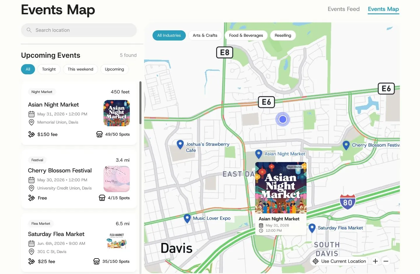 Vendrs Events Map: a filterable list of nearby events beside a map with pins for each one
