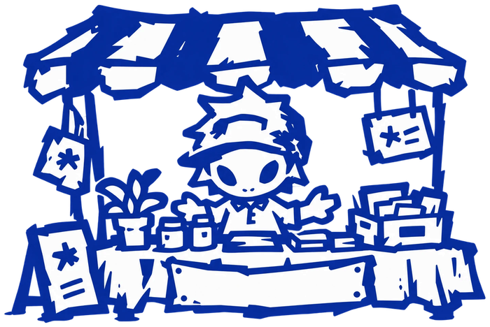 Doodle of the Sumi mascot running a street market stall