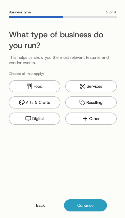 Onboarding step 2 of 4: choosing every business type that applies