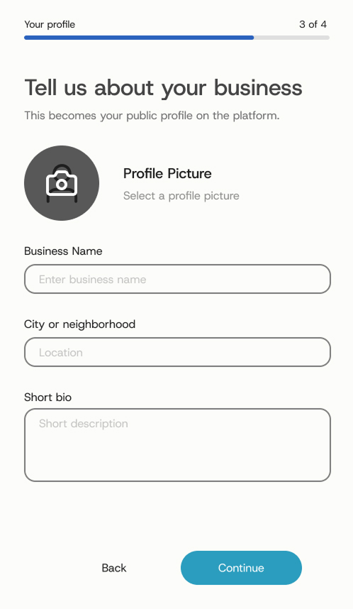 Onboarding step 3 of 4: business profile with picture, name, neighborhood and a short bio