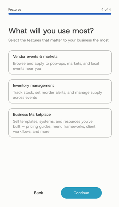 Onboarding step 4 of 4: choosing between vendor events and markets, inventory management, or the business marketplace