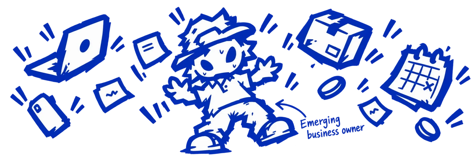 Doodle illustration of an emerging business owner juggling a laptop, product box, calendar, phone, and paperwork all at once